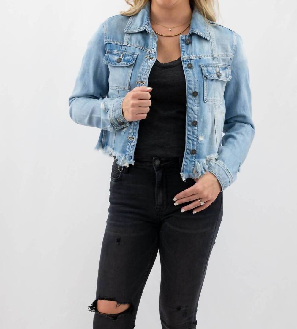 NEW HIDDEN women's uneven hem denim jacket in medium wash